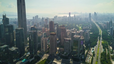 中国深圳城市景观落日天空KK100市中心建筑航空全景  Timelapse