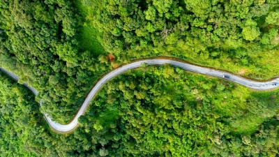 高山和森林上道路的鸟瞰。