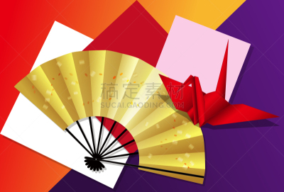 明信片,折纸工艺,鹤,折扇,纸鹤,金叶,图像,无人,新年卡,背景