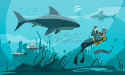 水肺潜水,深的,海洋生命,热带气候,呼吸管,泳装,设备用品,礁石,绘画插图,卡通