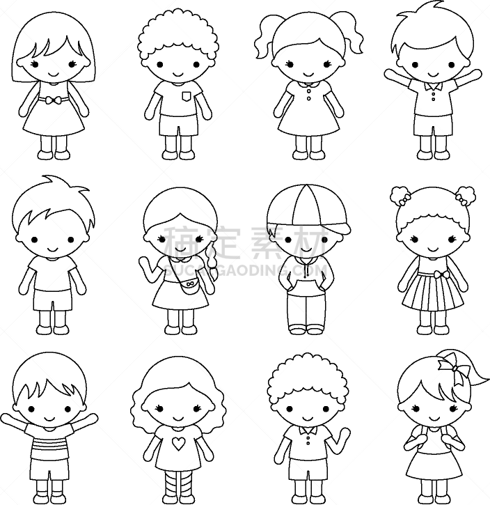 矢量,绘画插图,轮廓,儿童,性格,可爱的,多样,小学,肖像,小的