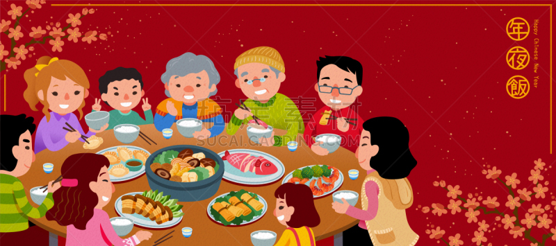 晚餐,家庭,全家福,传统,春节,膳食,新年前夕,全景,红色背景,图像