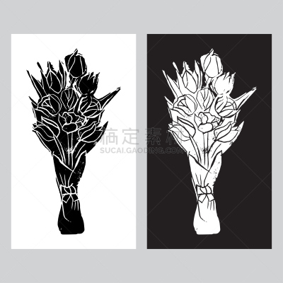 郁金香,波普风,绘画插图,花束,矢量,单色调,亚麻油毡版画,自制的,黑白图片,华丽的