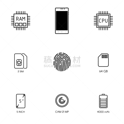 桌上玩具,平坦的,线条,计算机图标,中央处理器,智能手机,分离着色,触摸屏,记忆卡,设计