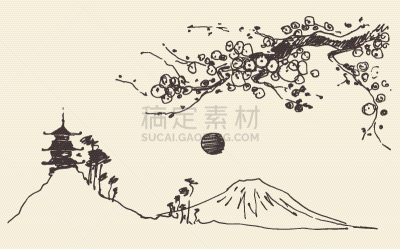 花朵,草图,日本,宝塔,富士山,亚洲,图像,樱桃,植物群,枝