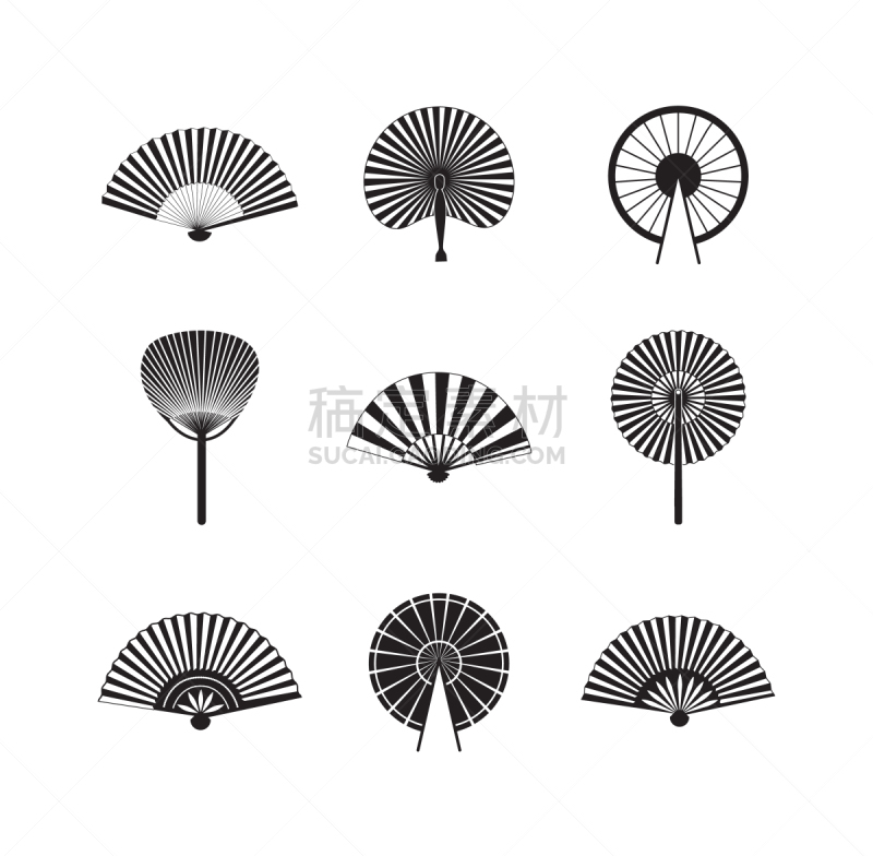 图标集,扇子,黑色,分离着色,白色背景,传统,一个物体,背景分离,复古风格,古典式