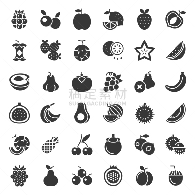 可爱的,水果,图标集,浆果,两只动物,符号,图像,油桃,香蕉,樱桃