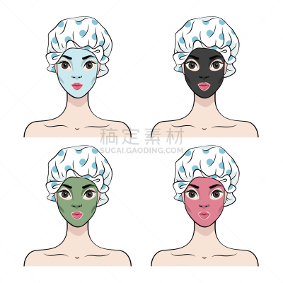 人的脸部,绘画插图,粉色,矢量,粘土,绿色,蓝色,防护面罩,妇女问题,美容