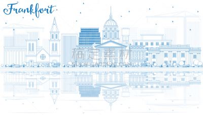 outline frankfort skyline with blue buildings and