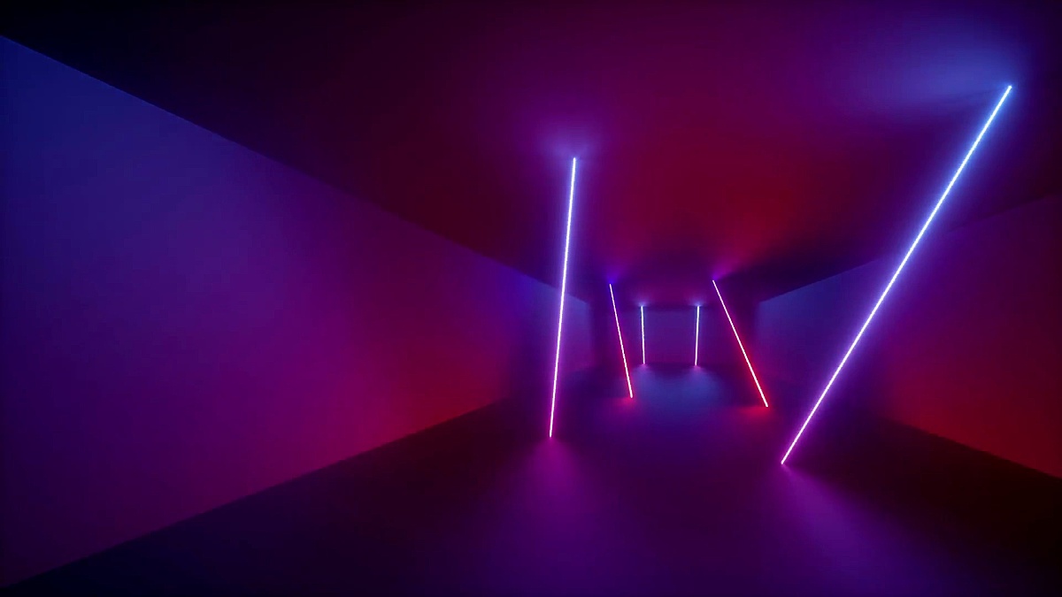 3D渲染，抽象背景，荧光紫外光，隧道内旋转的发光霓虹线，蓝红粉紫光谱，旋转的矩形帧，循环动画