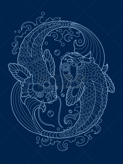 锦鲤,式样,书,华丽的,自然,缠结的,动物,绘制