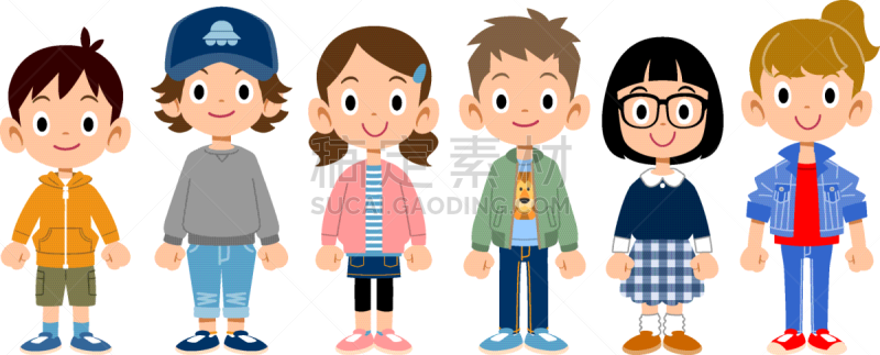 绘画插图,六个孩子的家庭,可爱的,男孩,人,男人,小学,全景,图像,站