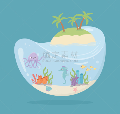 在下面,章鱼,礁石,卡通,海马,岛,海洋,鱼类,水
