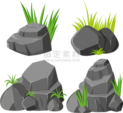 rocks and grasses on white background