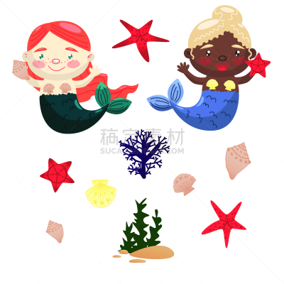 贝壳,女孩,矢量,式样,可爱的,海星,珊瑚,绘画插图,卡通,图像