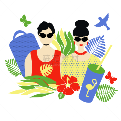 矢量,女人,绘画插图,异性恋,人,夏天,男人,肖像,白色,手提箱