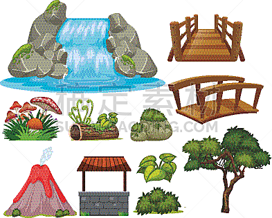 big set gardening theme with waterfall and