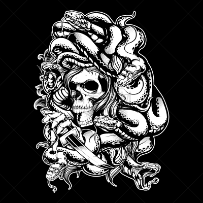 skull medusa with snake hand drawing