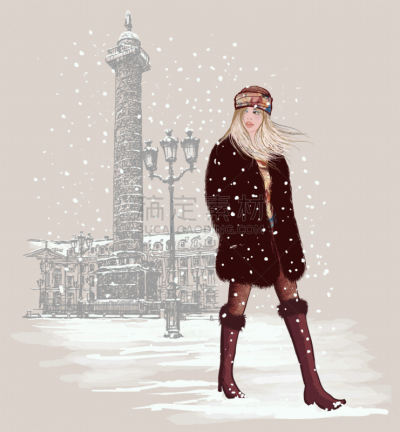 雪,女人,旺多姆广场,巴黎,青年人,在下面,方形画幅,水彩画颜料,法国,环境
