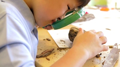 可爱的亚洲私立小学生在科学教室里用放大镜学习大自然