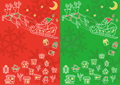 红色,线条画,圣诞老人,动物雪车,城镇景观,白色,绿色背景,组物体,大量物体,绿色
