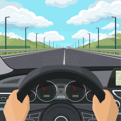 主观视角,汽车,交通,公路,绘画插图,仪表板,室内,矢量,手,看风景