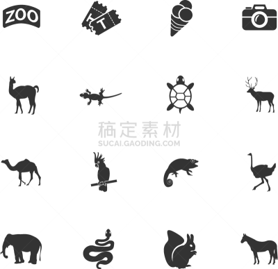 动物园,图标集,相机,图像,松鼠,蛇,美洲驼羊,象,鹿,马