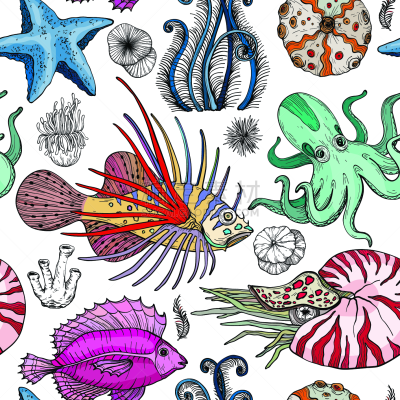 Seamless pattern with deepwater organisms