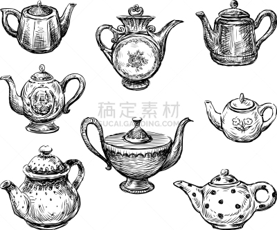 茶壶,草图,多样,茶,饮料,厨房器具,陶瓷制品,古老的,瓷器,收集