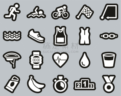 计算机图标,标签,体育比赛,铁人三项,设备用品,白色,黑色背景,巨大的,布置