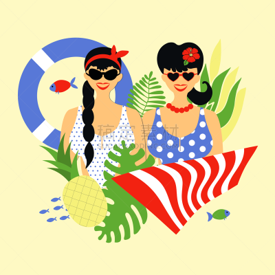 女孩,夏天,矢量,绘画插图,菠萝,异性恋,人,两个人,白色,高雅