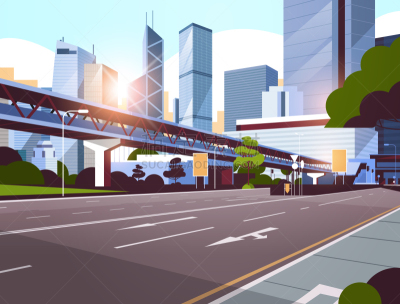 公路,地铁,都市风景,城市天际线,平坦的,路,水平画幅,现代,背景聚焦,日出
