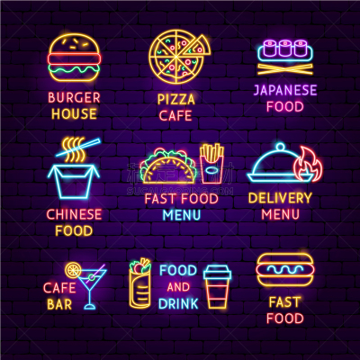 标签,快餐,霓虹灯,饮料,寿司,热,菜单,咖啡,布置,午餐