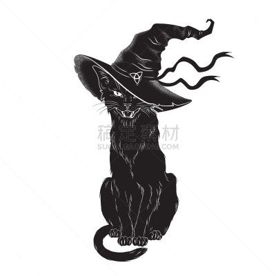 猫,黑色,锐角,线条画,巫婆帽,十月,怪异