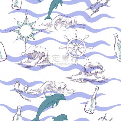 船,四方连续纹样,自然,游艇,图像,海洋,海豚,海马,海星,锚