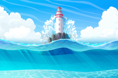 灯塔楼,海洋,动画片,云,船,暴风雨,海底,波浪,石头,复古