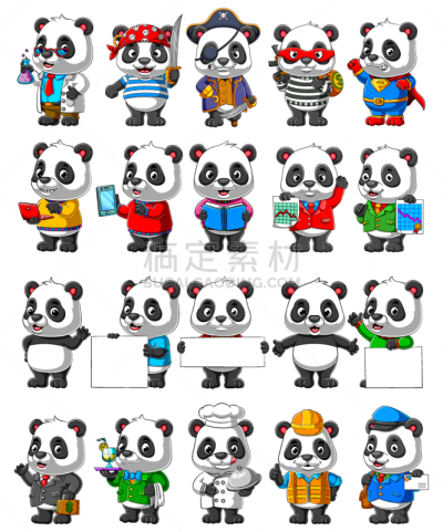 可爱的,吉祥物,卡通,熊猫,兽群,商务,平板电脑,野生动物,科学家,肖像