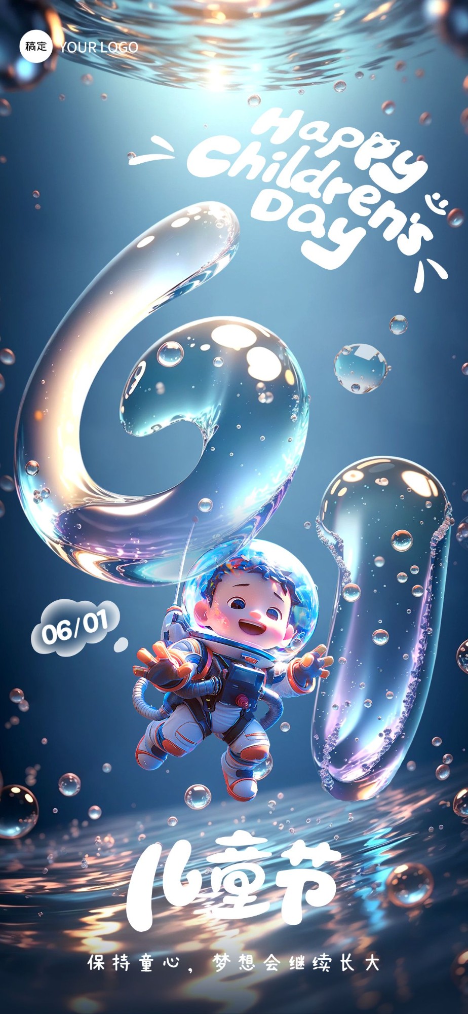 企业六一儿童节节日祝福3D全屏竖版海报AIGC