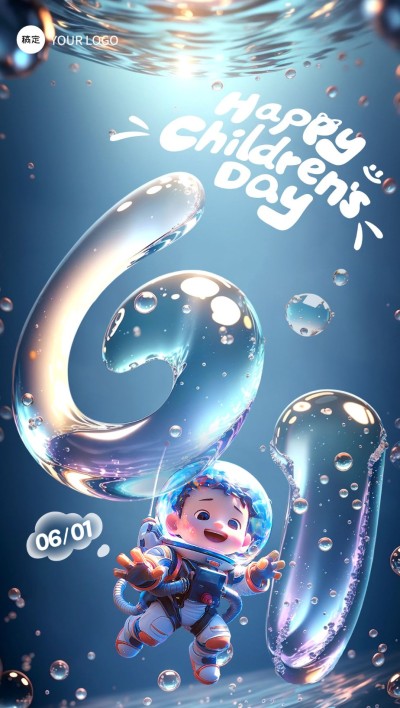 企业六一儿童节节日祝福3D全屏竖版海报AIGC
