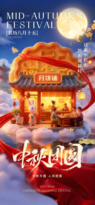 中秋节祝福创意场景趣味感温馨感全屏竖版海报AIGC预览效果