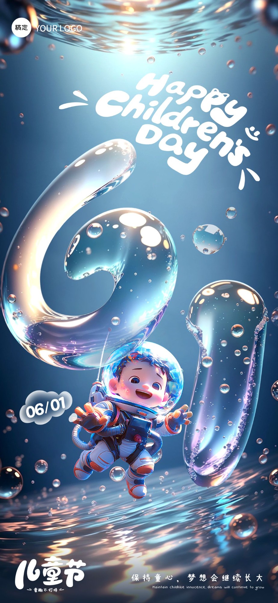 企业六一儿童节节日祝福3D全屏竖版海报AIGC