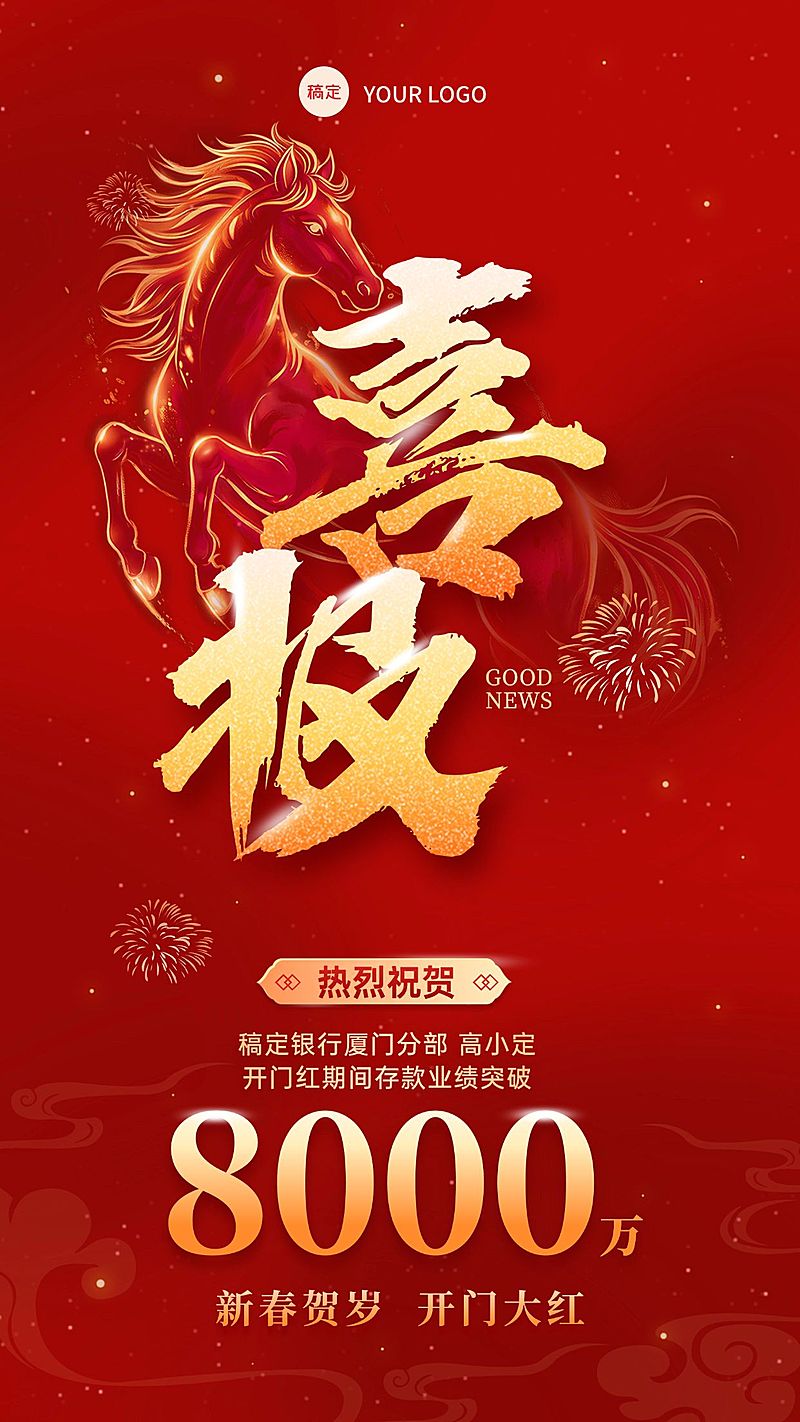 春节马年开门红销售业绩表彰喜报节日祝福通用竖版海报
