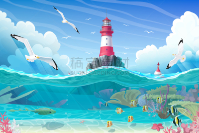 灯塔楼,海洋,卡通,灯塔,插画,云,船,动物,暴风雨,复古