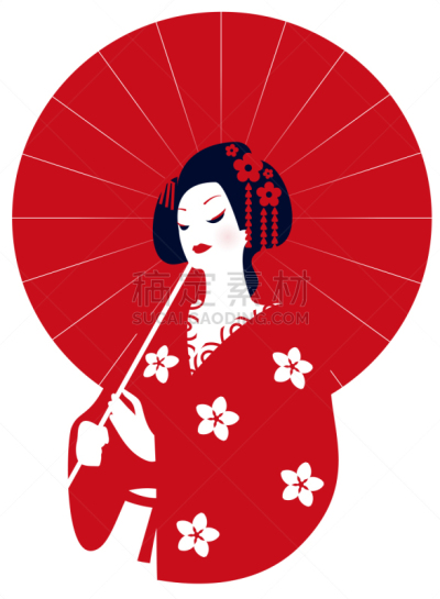 和服,伞,圆形,艺妓,红色,符号,矢量,手,绘画插图,日本