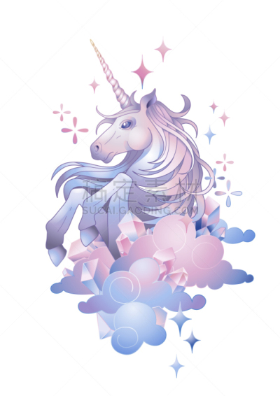 可爱的,独角兽,插画,传统,飘然,浪漫,女性特质,云,爱