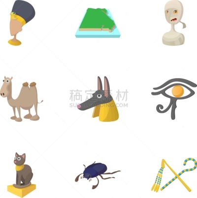 埃及,计算机图标,漫画,分离着色,数字9,木乃伊化的,猫,法老,布置,收集