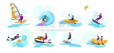 运动,矢量,皮划艇,水上运动,船,绘画插图,卡通,滑水运动,人,平坦的