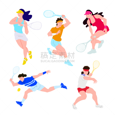 网球运动,绘画插图,卡通,女孩,平坦的,组物体,矢量,分离着色,布置