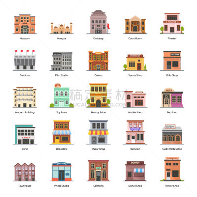 计算机图标,城市,建筑体,平坦的,寿司,运动,书店,餐馆,绘画插图,建筑结构