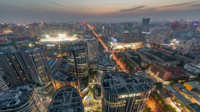 延时摄影-北京CBD三里屯地区与交通，黄昏到夜晚的过渡